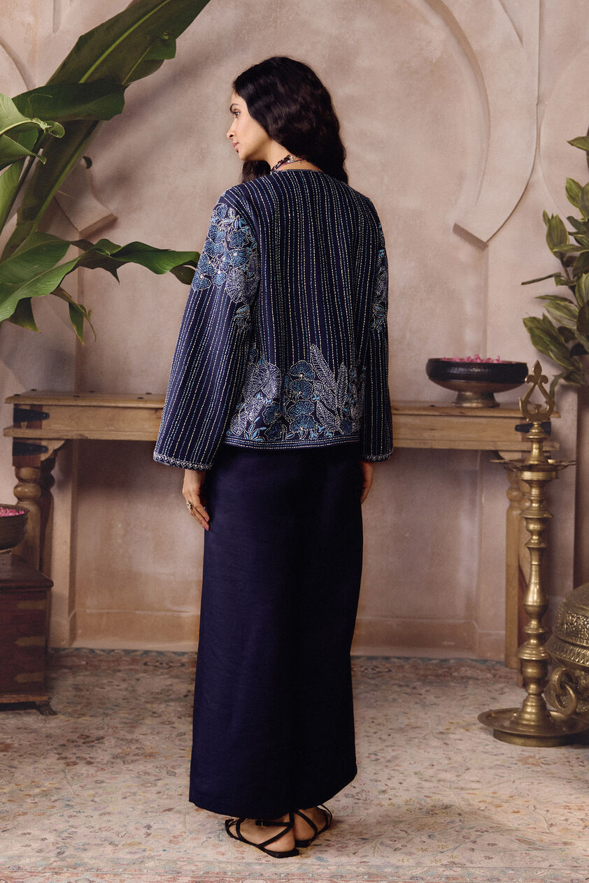 Elwood Hand-embroidered Kantha Silk Jacket Set - Navy, Navy, image 2